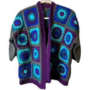 Handmade Crochet Granny Square Gray Blue Teal Purple Open Cardigan Sweater Sz L